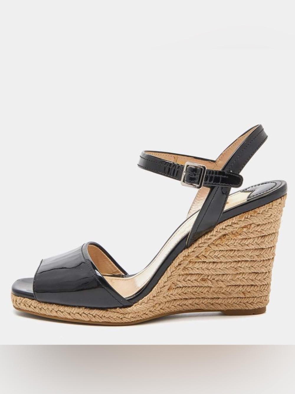 PRADA SIZE38.5~BRAND NEW JET BLACK PATENT LEATHER ESPADRILLE WEDGE SANDALS WOMEN